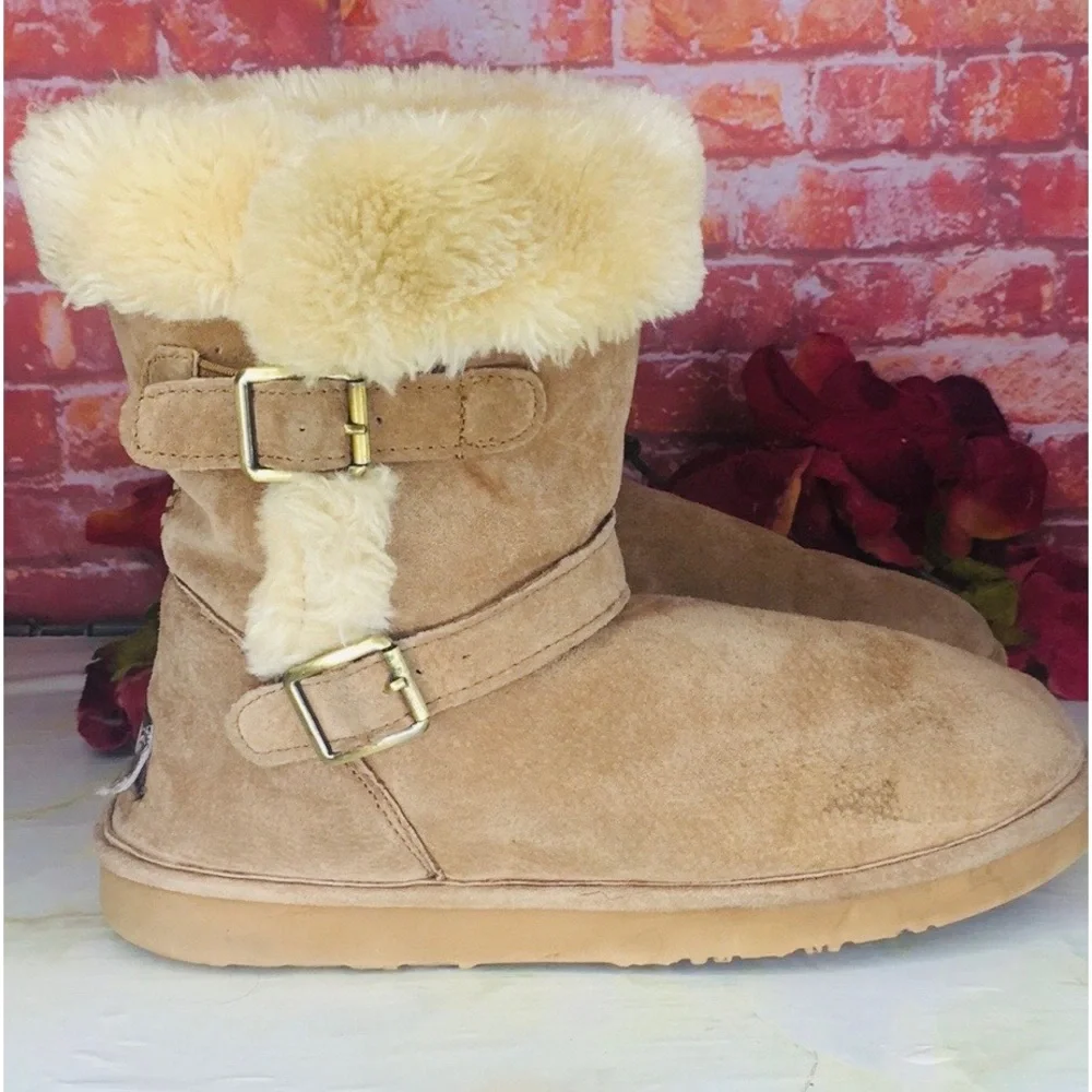 Lamo Tan Suede Water Resistant Shearling Double Buckle Boots